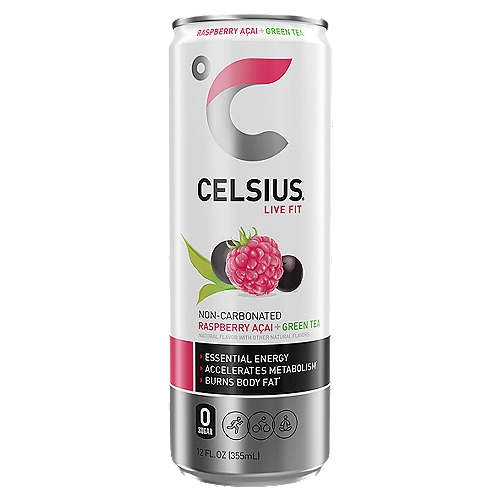 Celsius Non-Carbonated Raspberry Açai + Green Tea Energy Drink, 12 fl oz
CELSIUS® is functional, Essential Energy, a better-for-you, premium alternative to traditional energy drinks. As a global, lifestyle fitness drink, CELSIUS® was created to help people LIVE FIT, exceed their goals and elevate their everyday lives. Made with proven, premium ingredients, 7 Essential Vitamins and zero sugar, no artificial colors, no aspartame, no high fructose corn syrup and non-GMO. CELSIUS® is vegan, gluten-free and Kosher.
Our proprietary MetaPlus blend contains green tea extract with EGCG. It also includes guarana seed extract, ginger root for flavor and digestion, vitamin C to help support your immune system, vitamin B for energy production, and chromium to help control hunger, making it an ideal pre-workout drink.
Make CELSIUS® your go to choice for Essential Energy!