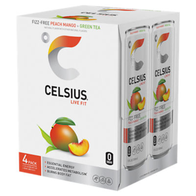 CELSIUS Peach Mango Green Tea, Functional Essential Energy Drink 12 Fl Oz (Pack of 4)