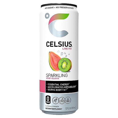 Celsius Live Fit Sparkling Kiwi Guava Dietary Supplement, 12 fl oz
No Preservatives‡
‡Citric acid is added for flavor; it is not used as a preservative.

How Does It Work?
Celsius' proprietary MetaPlus® formula, including green tea with EGCG, ginger and guarana seed, turns on thermogenesis, a process that boosts your body's metabolic rate.†*
Drinking Celsius® prior to fitness activities is proven to energize, accelerate metabolism, burn body fat and calories. †*
Celsius® provides essential energy to Live Fit.

†Celsius alone does not produce weight loss in the absence of a healthy diet and moderate exercise. So, whether you walk the dog or work out at the gym, make Celsius part of your daily regimen.
*These statements have not been evaluated by the Food and Drug Administration. This product is not intended to diagnose, treat, cure or prevent any disease.
