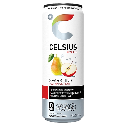 CELSIUS Essential Energy Drink 12 Fl Oz, Sparkling Fuji Apple Pear (Single Can)
CELSIUS. Live Fit. A uniquely blended formula with healthy energy and key vitamins make CELSIUS an ideal pre-workout drink. It's low in sodium and contains zero sugar, no aspartame, and no artificial flavors, colors, or preservatives. CELSIUS energy drinks are also Certified Vegan, Kosher, and non-GMO. Its proprietary formula contains green tea extract and EGCG. It also includes guarana seed extract, ginger root for flavor and digestion, vitamin C to support your immune system, vitamin B for energy production, and chromium to help control hunger. Boost your energy and enjoy the delicious combination of Fuji apple and pear with CELSIUS Sparkling Fuji Apple Pear Fitness Drink! It's carbonated and has the perfect balance of flavor and energy that serves as an awesome pick-me-up for active lifestyles. CELSIUS is available in 12 oz. slim cans and sold in a 12-pack for convenience.
 
Dietary Supplement

How Does It Work?
CELSIUS' proprietary MetaPlus® formula, including green tea with EGCG, ginger and guarana seed, turns on thermogenesis, a process that boosts your body's metabolic rate.†*
Drinking CELSIUS® prior to fitness activities is proven to energize, accelerate metabolism, burn body fat and calories.†*