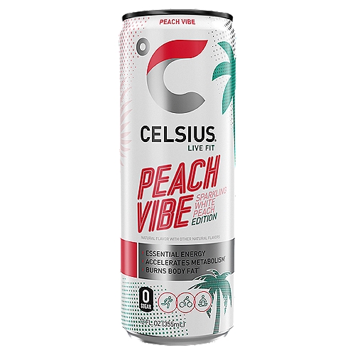 Celsius Sparkling Peach Vibe Energy Drink, 12 fl oz
CELSIUS® is functional, Essential Energy, a better-for-you, premium alternative to traditional energy drinks. As a global, lifestyle fitness drink, CELSIUS® was created to help people LIVE FIT, exceed their goals and elevate their everyday lives. Made with proven, premium ingredients, 7 Essential Vitamins and zero sugar, no artificial colors, no aspartame, no high fructose corn syrup and non-GMO. CELSIUS® is vegan, gluten-free and Kosher.
Our proprietary MetaPlus blend contains green tea extract with EGCG. It also includes guarana seed extract, ginger root for flavor and digestion, vitamin C to help support your immune system, vitamin B for energy production, and chromium to help control hunger, making it an ideal pre workout drink. Make CELSIUS® your go to choice for Essential Energy!