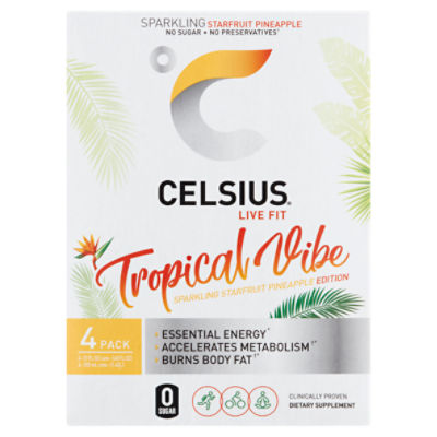 Celsius Live Fit Tropical Vibe Sparkling Starfruit Pineapple Dietary Supplement, 12 fl oz, 4 count, 48 Fluid ounce