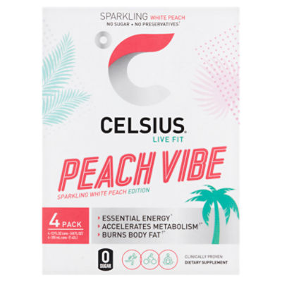 Celsius Live Fit Sparkling White Peach Vibe Dietary Supplement, 12 fl oz, 4 count, 48 Fluid ounce