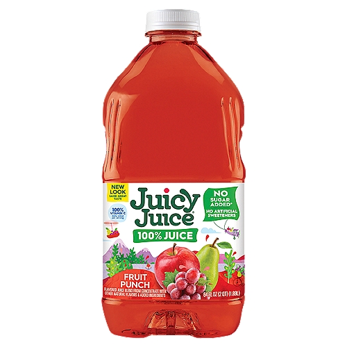 Juicy Juice Fruit Punch 100% Juice, 64 fl oz
Enjoy the taste of 100% fruit juice with Juicy Juice Fruit Punch. The sweetness in this no sugar added juice comes straight from fruit for a delicious fruit punch juice flavor kids love. With no added sugar, no high fructose corn syrup and no artificial sweeteners, this 100% juice blend is an excellent choice for the whole family. Juicy Juice makes parents and kids happy by providing one cup of fruit and 100% of the daily value of Vitamin C per 8 fl oz serving. This half gallon of Juicy Juice Fruit Punch contains eight servings and should be kept in the refrigerator after opening. Try fruit punch in a juice box, perfect for on the go kids drinks and lunchboxes. Juicy Juice is also delicious when enjoyed simply in a kids juice drink glass. With a variety of kids juices, Juicy Juice is the choice that parents can feel good about! Juicy Juice is goodness made juicy.