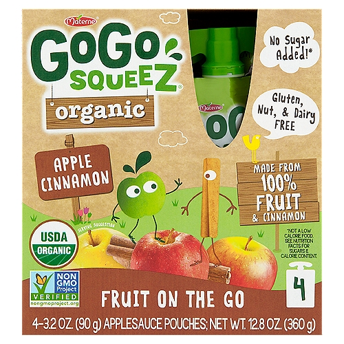 Materne GoGo Squeez Organic Apple Cinnamon Fruit on the Go, 3.2 oz, 4 count
No sugar added!*
*Not a low calorie food. See nutrition facts for sugars & calorie content.