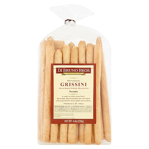 Di Bruno Bros Artisanal Sesame Grissini, 8.8 oz
A staple on tables across Italy!
These light, airy breadsticks are oven-baked and are perfect for cheese plates and snacking.