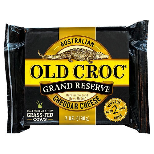 Old Croc Grand Reserve 12/7oz
Non GMO Ingredients *
* Excluding salt, which cannot be genetically modified.

No Hormones Added**
** No significant difference has been shown between milk derived from rBST treated and non-rBST treated cows.

Old Croc Grand Reserve Cheddar is aged 2+ years for an extra-sharp, rich flavor.

The texture is creamy yet crumbly with noticeable crunchy crystals.

Imported from Australia

All natural, Non-GMO, No Hormones added

Crafted with Milk from Grass-Fed Cows