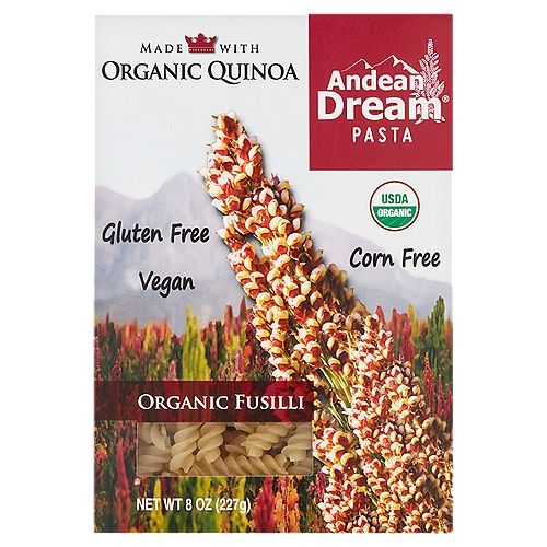 Andean Dream Organic Fusilli Pasta, 8 oz
Made in an allergen friendly manufacturing facility with organic ingredients

Quinoa, a super food!
Andean Dream Pasta is made with a blend of organic rice and quinoa.
Produced in a dedicated gluten-free facility in Italy, the home of quality pasta! Andean Dream is enjoyed by pasta connoisseurs who appreciate a high quality, corn and gluten-free option. The outstanding consistency achieved when cooked can be used to enhance a wide variety of dishes both hot and cold.
From our family to yours, we are proud to bring you a deliciously good for you pasta packed with 20 grams of protein per 8-ounce box. Enjoy!

Not all pasta is created equal!