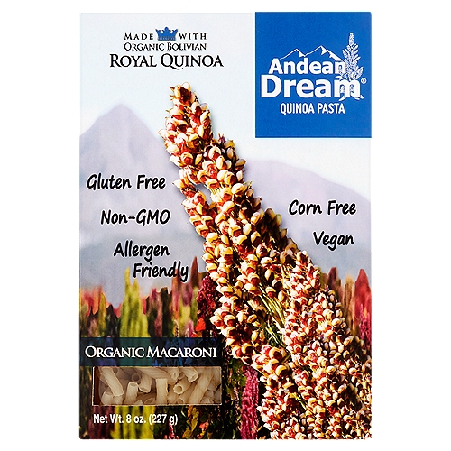 Andean Dream Organic Macaroni Quinoa Pasta, 8 oz
The deliciously good for you pasta!

Royal quinoa, a super food, is rich in protein, vitamins, minerals and essential amino acids.

Andean Dream Quinoa Pasta is made with organic royal quinoa, the finest quality in the world, found in the Bolivian Andes.

As a member of the Fair Trade Federation, we source our quinoa from indigenous farming families, and then send it directly to our dedicated manufacturing facility, free from gluten, dairy, eggs, soy, corn, and nuts.

Enjoy Andean Dream Quinoa Pasta for its delicious flavor, high nutritional content, and our commitment to bettering the lives of others, one meal at a time.