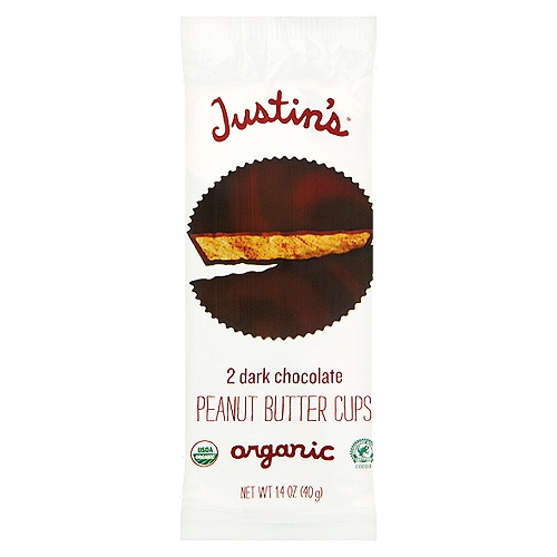 Justin's Organic Dark Chocolate Peanut Butter Cups, 2 count, 1.4 oz
Think of your favorite peanut butter cup. Next, magnify that feeling by a gazillion - that's ours. Nuts? Yes. Crazy? No. Just imagine what happens when I take the best tasting organic peanut butter in the world and delicately place it into the highest quality, organic and fair-trade chocolate available. Yup. Peanut butter cup perfection!
Justin