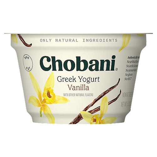 Chobani Vanilla Blended Greek Yogurt, 5.3 oz
Non-Fat Greek Yogurt

No rBST*
*Milk from rBST-treated cows is not significantly different.

6 live and active cultures: S. Thermophilus, L. Bulgaricus, L. Acidophilus, Bifidus, L. Casei, and L. Rhamnosus.