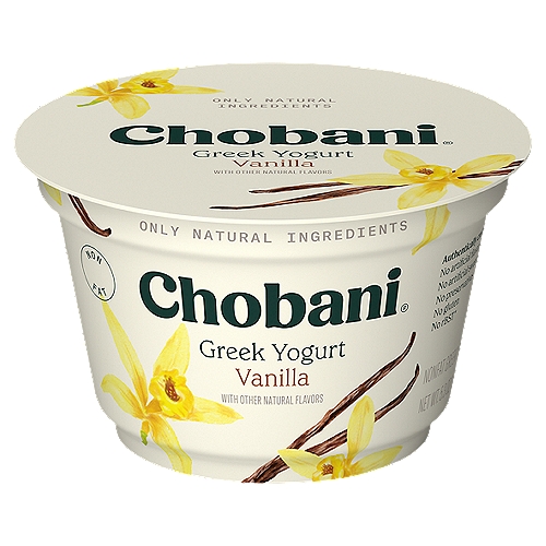 Chobani Vanilla Blended Greek Yogurt, 5.3 oz
Non-Fat Greek Yogurt

No rBST*
*Milk from rBST-treated cows is not significantly different.

6 live and active cultures: S. Thermophilus, L. Bulgaricus, L. Acidophilus, Bifidus, L. Casei, and L. Rhamnosus.
