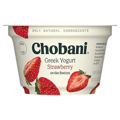 Chobani Strawberry on the Bottom Greek Yogurt, 5.3 oz
Non-Fat Greek Yogurt

6 live and active cultures:
S. Thermophilus, L. Bulgaricus, L. Acidophilus, Bifidus, L. Casei, and L. Rhamnosus.