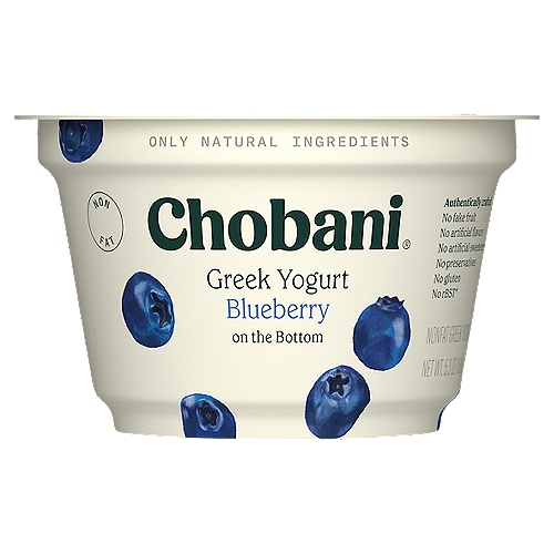 Chobani Blueberry on the Bottom Greek Yogurt, 5.3 oz
Non-Fat Greek Yogurt

6 live and active cultures: S. Thermophilus, L. Bulgaricus, L. Acidophilus, Bifidus, L. Casei, and L. Rhamnosus.

No rBST*
*According to FDA no significant between milk derived from rBST