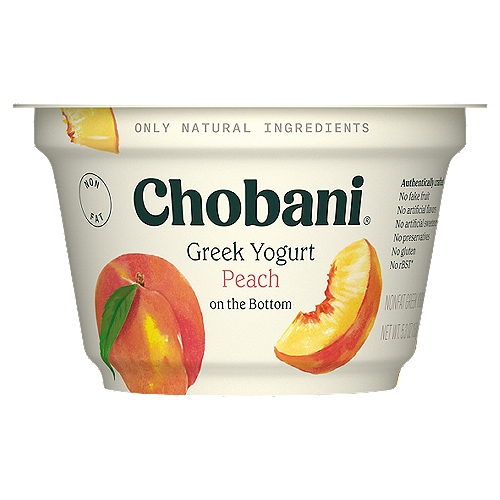 Chobani Peach on the Bottom Greek Yogurt, 5.3 oz
Non-Fat Greek Yogurt

No rBST*
*According to FDA no significant between milk derived from rBST

6 live and active cultures:
S. Thermophilus, L. Bulgaricus, L. Acidophilus, Bifidus, L. Casei, and L. Rhamnosus.

