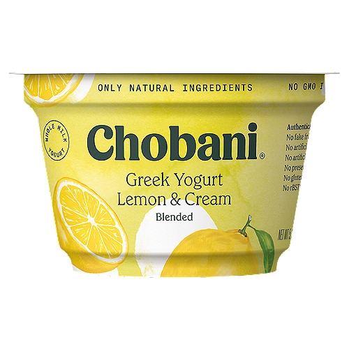 Chobani Blended Lemon & Cream Whole Milk Greek Yogurt, 5.3 oz
No rBST*
*According to the FDA, no significant difference has been found between milk derived from rBST-treated and non-rBST-treated cows.

6 live and active cultures:
S. Thermophilus, L. Bulgaricus, L. Acidophilus, Bifidus, L. Casei, and L. Rhamnosus.