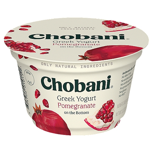 Chobani Pomegranate on the Bottom Greek Yogurt, 5.3 oz
Non-Fat Greek Yogurt

6 live and active cultures:
S. Thermophilus, L. Bulgaricus, L. Acidophilus, Bifidus, L. Casei, and L. Rhamnosus.