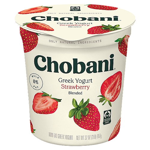 Chobani Strawberry Blended Greek Yogurt, 32 oz
Non-Fat Greek Yogurt

6 live and active cultures:
S. Thermophilus, L. Bulgaricus, L. Acidophilus, Bifidus, L. Casei, and L. Rhamnosus.

Contains over 85% Fair Trade Certified™ ingredients.

No rBST**
**Milk from rBST-treated cows is not significantly different.