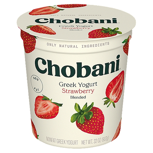 Chobani Strawberry Blended Greek Yogurt, 32 oz
Non-Fat Greek Yogurt

6 live and active cultures:
S. Thermophilus, L. Bulgaricus, L. Acidophilus, Bifidus, L. Casei, and L. Rhamnosus.

Contains over 85% Fair Trade Certified™ ingredients.

No rBST**
**Milk from rBST-treated cows is not significantly different.