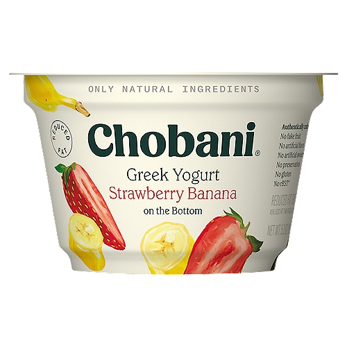 Chobani Strawberry Banana on the Bottom Greek Yogurt, 5.3 oz
Low-Fat Greek Yogurt

6 live and active cultures:
S. Thermophilus, L. Bulgaricus, L. Acidophilus, Bifidus, L. Casei, and L. Rhamnosus.