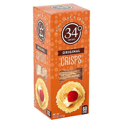 34° Original Crisps, 4.5 oz
Crackers to Savor & Share
The flavor that started it all! So light. So crunchy. So versatile. Our Original Crisps complement any pairing & any flavor, from mild cheeses to spicy spreads to just about anything in between.