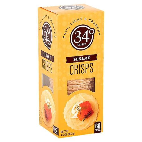 34° Sesame Crisps, 4.5 oz
Crackers to Savor & Share
Our Sesame Crisps have a nutty flavor that will inspire you to go nuts with creativity. From smoked salmon & cream cheese to sharp cheddar & tomato, the options are endless!