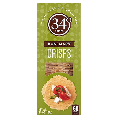 34° Rosemary Crisps, 4.5 oz
Crackers to Savor & Share
Our Rosemary Crisps are sure to put a sprig in your step. They're the just-right balance between bold & bright so they won't overwhelm creamy cheeses or charcuterie.