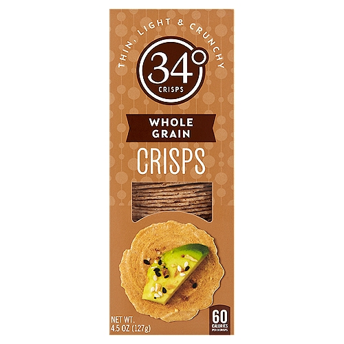 34° Whole Grain Crisps, 4.5 oz
Pair them & share them

Get Inspired
Whole grains are a smart choice and our Whole Grain Crisps are made from 100% delicious whole wheat. Their mild savoriness highlights the flavors of pairings. Perfect with cheddar or gouda, or topped with sliced avocado and spices. Truly tasty!