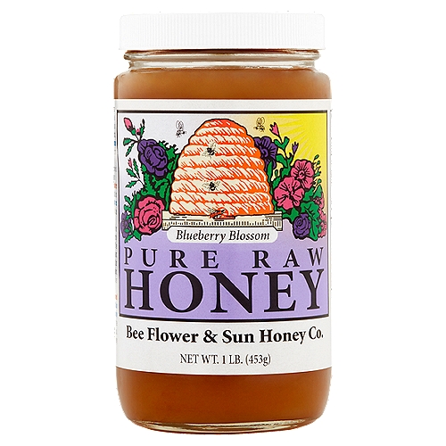Bee Flower & Sun Honey Co. Blueberry Blossom Pure Raw Honey, 1 lb
Honey Fact: Our pure, raw unfiltered honey will have up to 48000 grains of pollen per teaspoon. Conventional honey is heated and filtered to remove 100% of the pollen to stop crystallization.

This non-pasteurized, pure, raw honey offers the quality and flavor produced only in the hive. Unfiltered for more taste and value, it contains all the naturally occurring pollen, antioxidants, enzymes, vitamins and minerals. We guarantee no value is taken out and no cane sugar, corn syrup, or anything else is ever added.
The flavor and nutritious quality of our honey is carefully preserved by using time-honored techniques. Most packers pasteurize and filter their honey up to 160° F to avoid crystallization but Bee Flower and Sun Honey only warms their honey to under 105° F to facilitate handling.
Raw Honey will crystallize in the jar. Spoon or spread it with a knife or re-liquefy by gently warming it on the stove in a pan of water. The honey flavor is determined by the predominant blossom source. Our lighter honey, like Star Thistle or Clover, will have a milder flavor, whereas our darker Blueberry and Wildflower will have a bolder flavor.
At a time when up to 60% of honey consumed in the USA is imported, Bee Flower and Sun Honey is proudly dedicated to packing solely USA produced honey - pure, raw and of the highest quality, straight from the hive to you. One taste tells. Our pure, raw unfiltered honey has traces of wax, pollen and propolis.