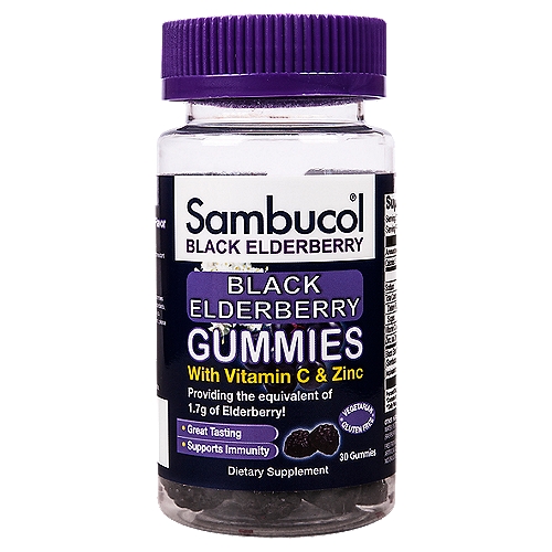 Sambucol Black Elderberry Gummies 30ct
Pectin based
Sweetened only with pure cane sugar
No artificial flavors or colors
Gluten, soy, dairy, nut, gelatin and egg free
Vegan and Vegetarian Product

Dietary Supplement

Supports immune system*
Use daily for maximum benefits*
*These statements have not been evaluated by the food and drug administration. This product is not intended to diagnose, treat, cure or prevent any disease.

Free from Gluten, Dairy, Soy, Wheat, Nuts, Eggs, Artificial Color and Flavors or Preservatives. No Drugs or Alcohol.