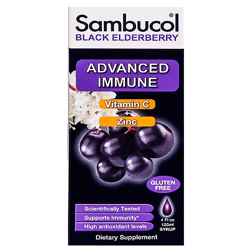 Sambucol Immune Vitamin C+ Zinc Black Elderberry Syrup 4oz
Sambucol Black Elderberry Advanced Immune Syrup contains the natural power of black elderberry you rely on, but with the added benefit of a crucial vitamin and a key mineral that may help boost immunity - vitamin C and zinc.* Our syrup is an easy way for your body to absorb the natural power of black elderberry and keep it running at peak performance. Sambucol Advanced Immune Syrup can be used during the winter season or daily throughout the year to support your family's immune system.* No artificial colors, flavors or sweeteners Dairy free, egg free, gluten free, nut free, soy free and wheat free Vegetarian friendly and vegan friendly Certified kosher Product of Switzerland Â© 2020 Sambucol USA. Show less

Dietary Supplement

Supports immunity*

Supports immune system*
*These statements have not been evaluated by the Food and Drug Administration. This product is not intended to diagnose, treat, cure or prevent any disease.

Developed by a world renowned virologist, Sambucol® is the unique black elderberry extract that has been used in scientific studies. By using a proprietary method of extraction, only Sambucol® can guarantee consistent, immune supporting properties in every serving.*