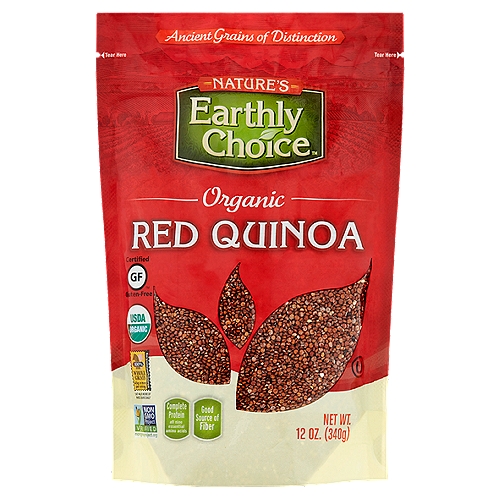Nature's Earthly Choice Organic Red Quinoa, 12 oz
We consider red quinoa (keen-wah) to be white quinoa's ''prettier sister.'' Mild and nutty, its distinctive scarlet hue gives it plate appeal to match its nutritional value.
First cultivated in the high mountain plains of South America over 5,000 years ago. Red Quinoa is a good source of fiber and protein - containing all nine essential amino acids. You can use red quinoa in place of rice in almost any recipe. Adding quinoa to your favorite soup or salad is a great gluten-free boost of protein and fiber.
This ancient grain is ready in minutes and is delicious hot or cold, as a side dish or a meal unto itself.
Who says healthy has to be hard? Simple, healthy, delicious and easy to prepare!
Thanks to Nature's Earthly Choice™, it's always easy to bring the best of Mother Nature to your table.
