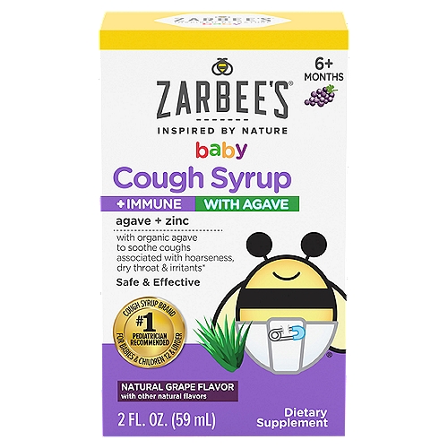 Zarbee's Naturals Baby Cough Syrup + Immune with Agave Dietary Supplement, 2 fl oz
With organic agave to soothe coughs associated with hoarseness, dry throat & irritants*

Recommended Uses: Soothes coughs associated with hoarseness, dry throat and irritants.*
• Occasional coughs*
• Irritated throats*
• Hoarseness*

Safe & Effective
• Organic agave soothes coughs associated with hoarseness, dry throat & irritants*
• Organic agave gently calms & comforts baby's dry throat*
• Made with organic agave & zinc to support the immune system*
*These Statements Have Not Been Evaluated by the Food and Drug Administration. This Product is Not Intended to Diagnose, Treat, Cure, or Prevent Any Disease.
