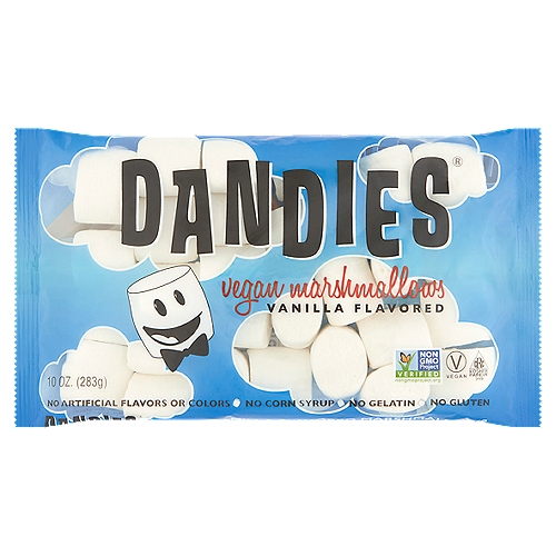 Dandies Vanilla Flavored Vegan Marshmallows, 10 oz
We love marshmallows!
So we created delicious vegan marshmallows that offer you a tasty treat and peace of mind. That's because they're made with plant-based ingredients—and no gelatin, so they're kind to our animal friends. Enjoy Dandies® in s'mores and crispy treats, atop sweet potatoes, or straight out of the bag!