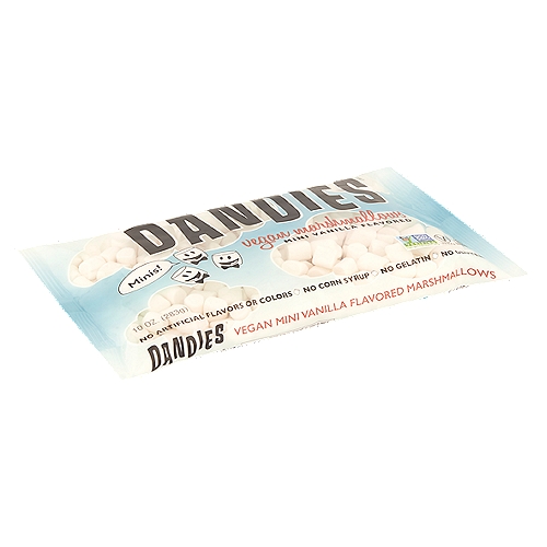 Dandies Mini Vanilla Flavored Vegan Marshmallows, 10 oz
We love marshmallows!
So we created delicious vegan marshmallows that offer you a tasty treat and peace of mind. That's because they're made with plant-based ingredients—and no gelatin, so they're kind to our animal friends. Enjoy Dandies® in a cup of hot cocoa, crispy treats, atop sweet potatoes, or straight out of the bag!
