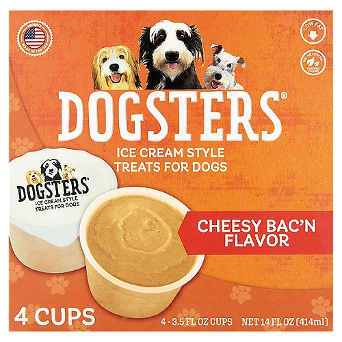 Dogsters Cheesy Bac'n Flavor Ice Cream Style Treats for Dogs, 3.5 fl oz, 4 count
This product contains 97 calculated calories per cup according to the AAFCO procedure.

Some Fun Ways to Serve Dogsters®
Place cup on floor
Hold cup in your hand
Pop treat out of the cup & into the dog bowl