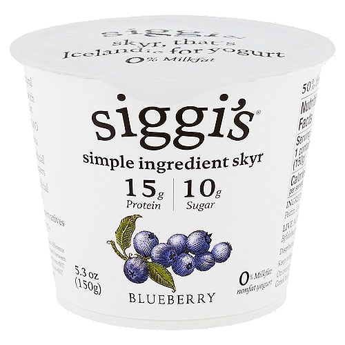 Siggi's Blueberry Nonfat Yogurt, 5.3 oz
No rBST+
+No significant difference has been shown between milk derived from rBST treated and non-rBST treated cows.

Live Active Cultures: S. thermophilus, L. delbrueckii subsp. bulgaricus, Bifidobacterium, L. acidophilus, L. paracasei

On average siggi's nonfat yogurts have 5 ingredients, compared to the leading Greek brand's average 10 ingredients.