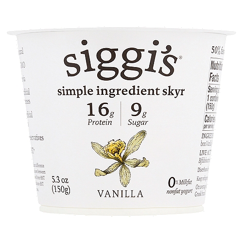 Siggi's Vanilla Nonfat Yogurt, 5.3 oz
Live Active Cultures: S. thermophilus, L. delbrueckii subsp. bulgaricus, Bifidobacterium, L. acidophilus, L. paracasei

No rBST+
+No significant difference has been shown between milk derived from rBST treated and non-rBST treated cows.

On average Siggi's nonfat yogurts have 5 ingredients, compared to the leading Greek brand's average 10 ingredients.