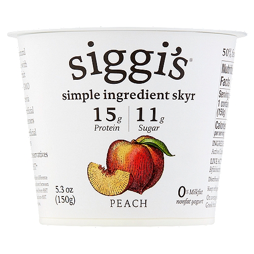 Siggi's Peach Nonfat Yogurt, 5.3 oz
Live Active Cultures: S. thermophilus, L. delbrueckii subsp. bulgaricus, Bifidobacterium, L. acidophilus, L. paracasei

On average siggi's nonfat yogurts have 5 ingredients, compared to the leading Greek brand's average 10 ingredients.

No rBST+
+No significant difference has been shown between milk derived from rBST treated and non-rBST treated cows.