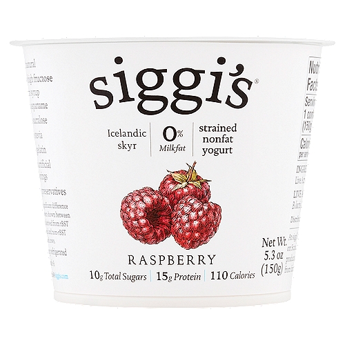 Siggi's Raspberry Strained Nonfat Yogurt, 5.3 oz
Icelandic Skyr

Live Active Cultures: S. thermophilus, L. delbrueckii subsp. bulgaricus, B. lactis, L. acidophilus, L. delbrueckii subsp. lactis

No rBST*
*No significant difference has been shown between milk derived from rBST treated and non-rBST treated cows.

Made simply, half the ingredients of leading yogurts on average, siggi's® single serve flavored yogurts have 6 ingredients compared to an average of 12 ingredients in leading single serve flavored yogurts made without low/no-calorie sweeteners