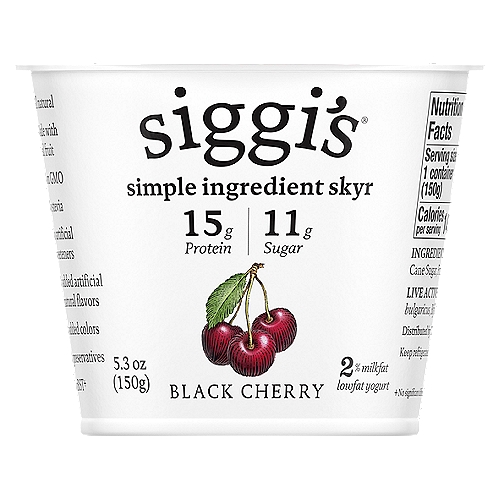 Siggi's Black Cherry 2% Milkfat Lowfat Yogurt, 5.3 oz
No rBST+
+No significant difference has been shown between milk derived from rBST treated cows

Live Active Cultures: S. thermophilus, L. delbrueckii subsp. bulgaricus, Bifidobacterium, L. acidophilus, L. paracasei