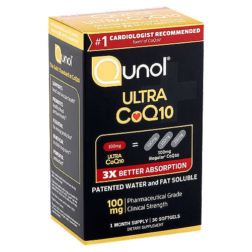 Qunol Ultra CoQ10 Dietary Supplement, 100 mg, 30 count
Dietary Supplement

#1 cardiologist recommended form† of CoQ10‡

100mg Ultra CoQ10 = 300mg regular§ CoQ10

Free of: Milk or milk by-products, egg or egg by-products, fish or fish by-products, shellfish or shellfish by-products, tree nuts, wheat or wheat by-products and peanuts or peanut by-products.

Why is Qunol® the better CoQ10?
Qunol's patented water-soluble form of CoQ10 dissolves 100% in both water and fat, providing 3x better absorption, unlike regular§ CoQ10 which only dissolves poorly in fat.

Ultra CoQ10: Absorption: 3x better; Regular§ CoQ10: Absorption: Poor
Ultra CoQ10: H2O Solubility: 100% water-soluble; Regular§ CoQ10: H2O Solubility: Does not dissolve in water
Ultra CoQ10: Fat Solubility: 100% fat-soluble; Regular§ CoQ10: Fat Solubility: Dissolves poorly in fat
Ultra CoQ10: Source: Natural CoQ10; Regular§ CoQ10: Fat Solubility: May contain synthetic CoQ10
Ultra CoQ10: Process: Made through fermentation; Regular§ CoQ10: Process: May be made from tobacco leaves
Ultra CoQ10: USP Dissolution Test: Pass; Regular§ CoQ10: USP Dissolution Test: Fail

Water-soluble Qunol® Ultra CoQ10 will help you reach optimum blood levels of CoQ10 in just weeks-not months as with regular§ CoQ10.

The Gold Standard in CoQ10
Supports heart and vascular health
Promotes healthy blood pressure levels(1)
Essential for energy production
Beneficial to stain drug users(2)

(1)Helps maintain healthy blood pressure already within a normal range
(2)Cholesterol-lowering statin drugs can deplete the body's natural levels of CoQ10. Qunol® can help replenish lost CoQ10 due to statin drug therapy.
† Form refers to water and fat soluble CoQ10
‡ IQVIA ProVoice Survey
§ Regular CoQ10 refers to unsolubilized ubiquinone in oil suspensions in softgels and/or powder-filled capsules/tablets