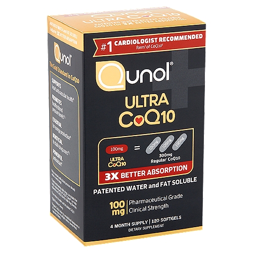 Qunol Ultra CoQ10 Dietary Supplement, 100 mg, 120 count
#1 Cardiologist Recommended form† of CoQ10‡
† Form refers to water and fat soluble CoQ10
‡ IQVIA ProVoice Survey

3x Better Absorption
100mg Ultra CoQ10 = 300mg Regular§ CoQ10

Why is Qunol the better CoQ10?
Qunol's patented water-soluble form of CoQ10 dissolves 100% in both water and fat, providing 3x better absorption, unlike regular§ CoQ10 which only dissolves poorly in fat.
Absorption: Ultra CoQ10: 3x Better; Regular§ CoQ10: Poor
H2O Solubility: Ultra CoQ10: 100% water-soluble; Regular§ CoQ10: Does not dissolve in water
Fat Solubility: Ultra CoQ10: 100% fat-soluble; Regular§ CoQ10: Dissolves poorly in fat
Source: Ultra CoQ10: Natural CoQ10; Regular§ CoQ10: May contain synthetic CoQ10
Process: Ultra CoQ10: Made through fermentation; Regular§ CoQ10: May be made from tobacco leaves
USP Dissolution Test: Ultra CoQ10: Pass; Regular§ CoQ10: Fail
Water-soluble Qunol® Ultra COQ10 will help you reach optimum blood levels of CoQ10 in just weeks—not months as with regular§ CoQ10.
§ Regular CoQ10 refers to unsolubilized ubiquinone in oil suspensions in softgels and/or powder-filled capsules/tablets

The Gold Standard in CoQ10
Supports heart and vascular health
Promotes healthy blood pressure levels(1)
Essential for energy production
Beneficial to statin drug users(2)
Powerful antioxidant
(1)Helps maintain healthy blood pressure already within a normal range
(2)Cholesterol-lowering statin drugs can deplete the body's natural levels of CoQ10. Qunol® can help replenish lost CoQ10 due to statin drug therapy.