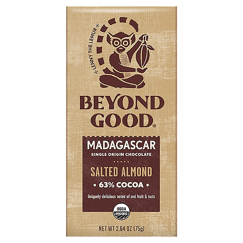 Beyond Good Madagascar Salted Almond Single Origin Chocolate, 2.64 oz
Madagascar Single Origin Chocolate

Can You Find the Flavor?
1. Place some chocolate in your mouth.
2. Slow down! You're not eating a bag of chips.
3. Take a few bites. Let it melt.
4. Search your back teeth for flavor.
5. Notice any interesting flavors?
Hint: Madagascar chocolate has a variety of fruit notes.
