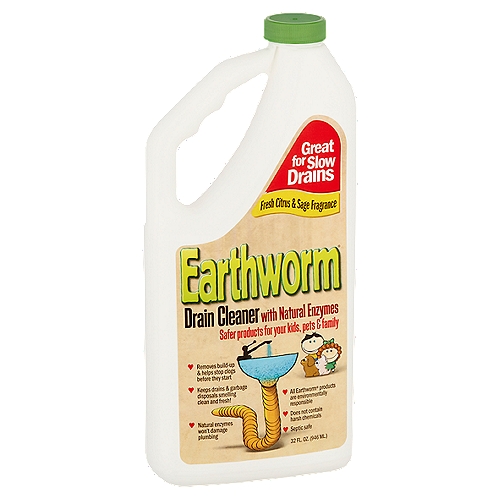 Earthworm Drain Cleaner, 32 fl oz
Earthworm® Drain Cleaner is ideally suited to clean almost every type of drain and will also control their odors. Regular use of Earthworm® will prevent clogs before they start by eliminating the build-up of organic material in your drain lines. Earthworm® can be used in kitchen and bathroom sinks, dishwashers, garbage disposals, floor drains, bathtub and shower drains, as well as boat and RV holding tanks and grease traps. Unlike drain cleaners with harmful, caustic chemicals, Earthworm® is safer for use and will keep drains smelling fresh.