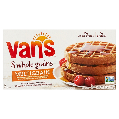 Van's 8 Whole Grains Multigrain Waffles, 6 count, 8 oz
Waffles Baked with Whole Wheat, Oats, Barley, Brown Rice, Rye, Quinoa, Amaranth & Millet