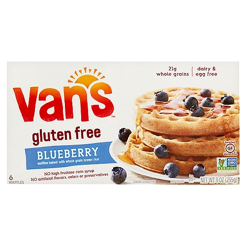 Van's Gluten Free Blueberry Waffles, 6 count, 9 oz
Blueberry Waffles Baked with Whole Grain Brown Rice