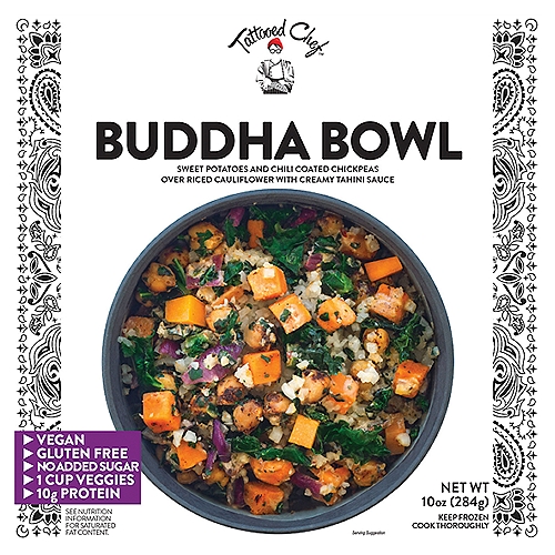 Tattooed Chef Buddha Bowl, 10 oz
Sweet Potatoes, Kale and Chili Coated Chickpeas Over Riced Cauliflower with Creamy Tahini Sauce