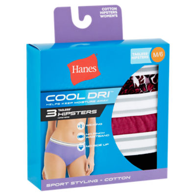 Hanes Cool Dri Tagless Cotton Women's Hipsters, M/6, 3 count