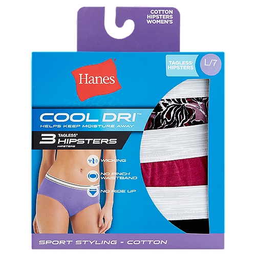 Hanes Cool Dri Tagless Cotton Women's Hipsters, L/7, 3 count